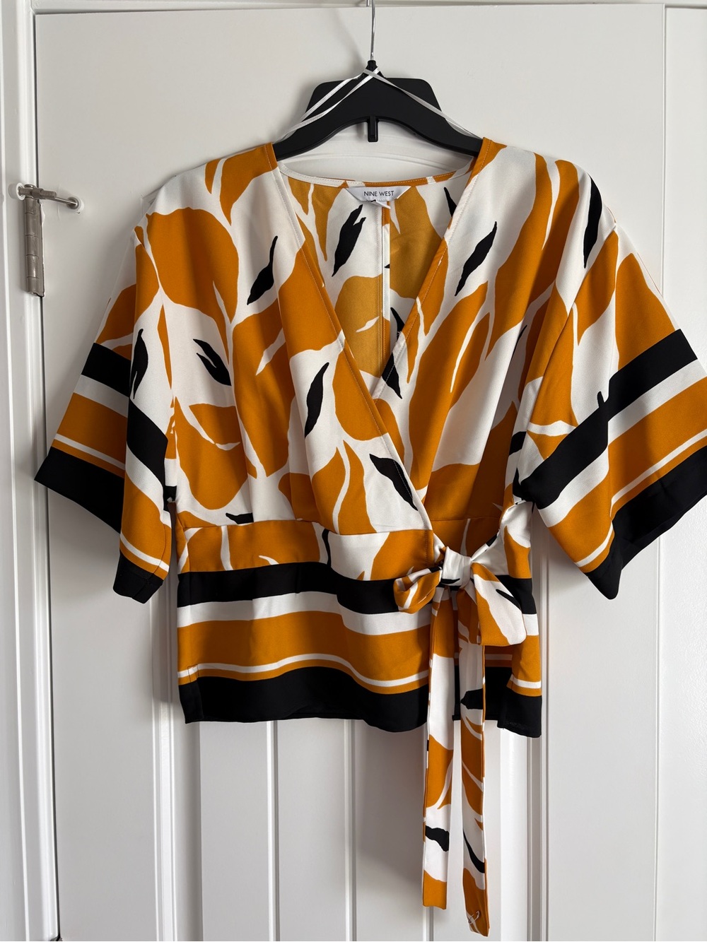 Nine West Gold White & Black Floral Wrap Blouse